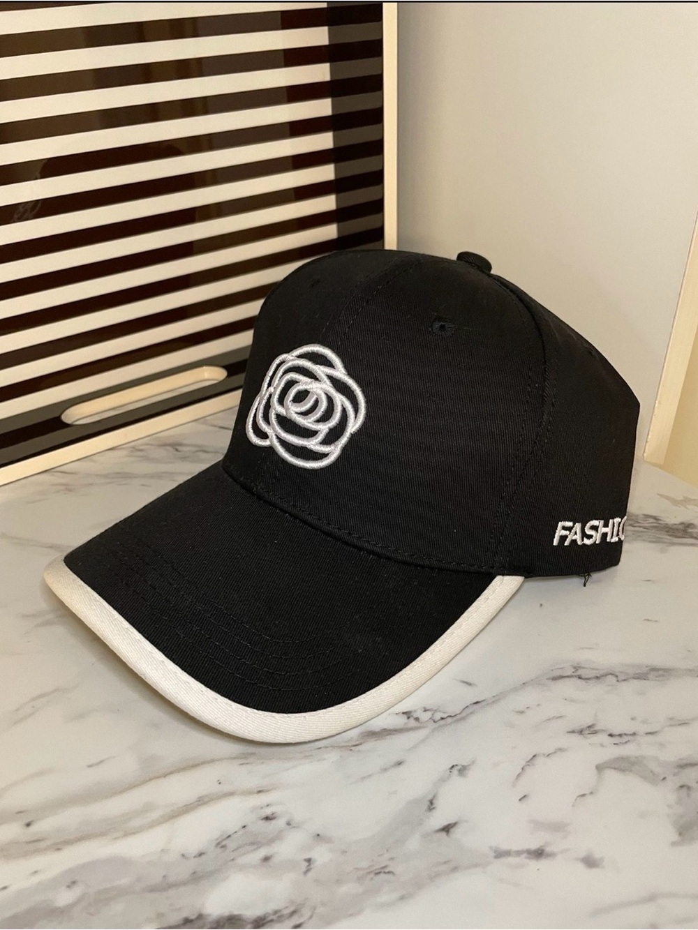 Black Baseball Cap with White Camellia Flower Embroidery - Picture 2 of 3